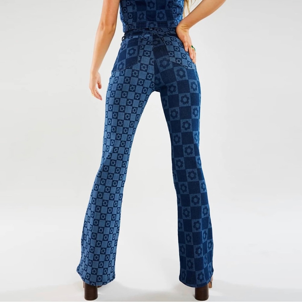 Jaded London High Rise Retro Floral Checkerboard Skinny Flare Jeans - Picture 3 of 9